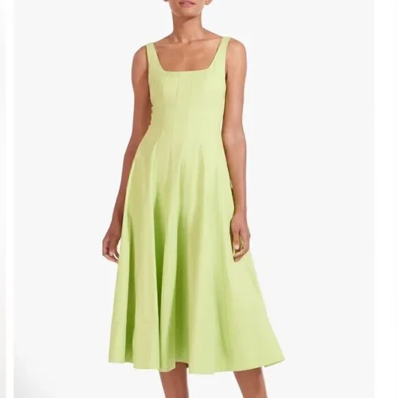 NWT STAUD WELLS midi dress, light green, stretch cotton Size 12 - Picture 2 of 12